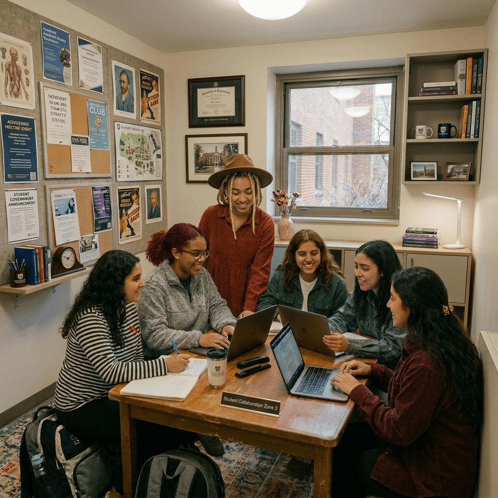 Five students in university sweatshirts working together at a wooden table with laptops and notebooks in a small room
